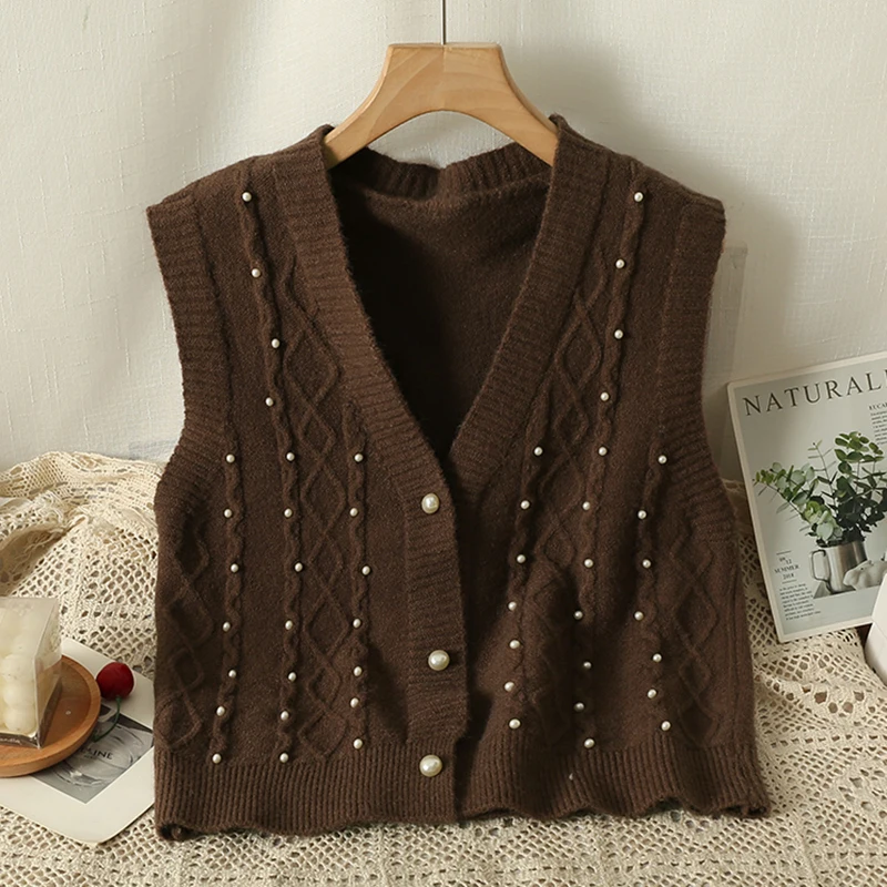 HELIAR Women V-Neck Cardigan Knitted Vest Sleeveless Buttons Up Beading Pearls Solid Waistcoat Casual Sweater Vest Fall Winter