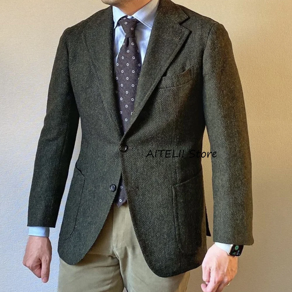 

Herringbone Fabric Man Jackets High Quality Notched Lapel Business Casual Style Men's Social Coat Fashion Suit Single-breasted
