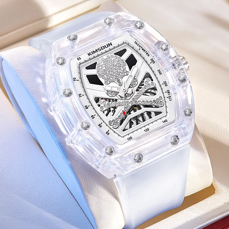 

Stainless Steel Tonneau Transparent Skull Skeleton Luminous Waterproof Precision Rubber Strap Self-Wind Automatic Watch for Men