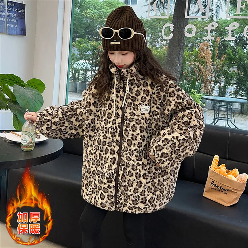 6671 Winter Korean Children's Trench Coat Hooded Leopard Print Leather Jacket Clothes Girls' With Hat Jacket