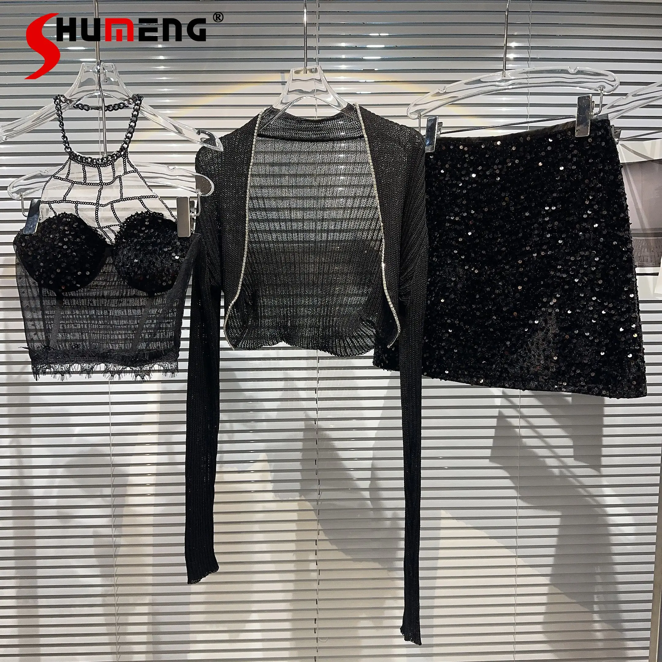 

2023 Autumn New Rhinestone Edge Cardigan + Chain Wrapped Chest Strap Tank Top + Sequined Hip Skirt 3 Piece Suit Buy Separately