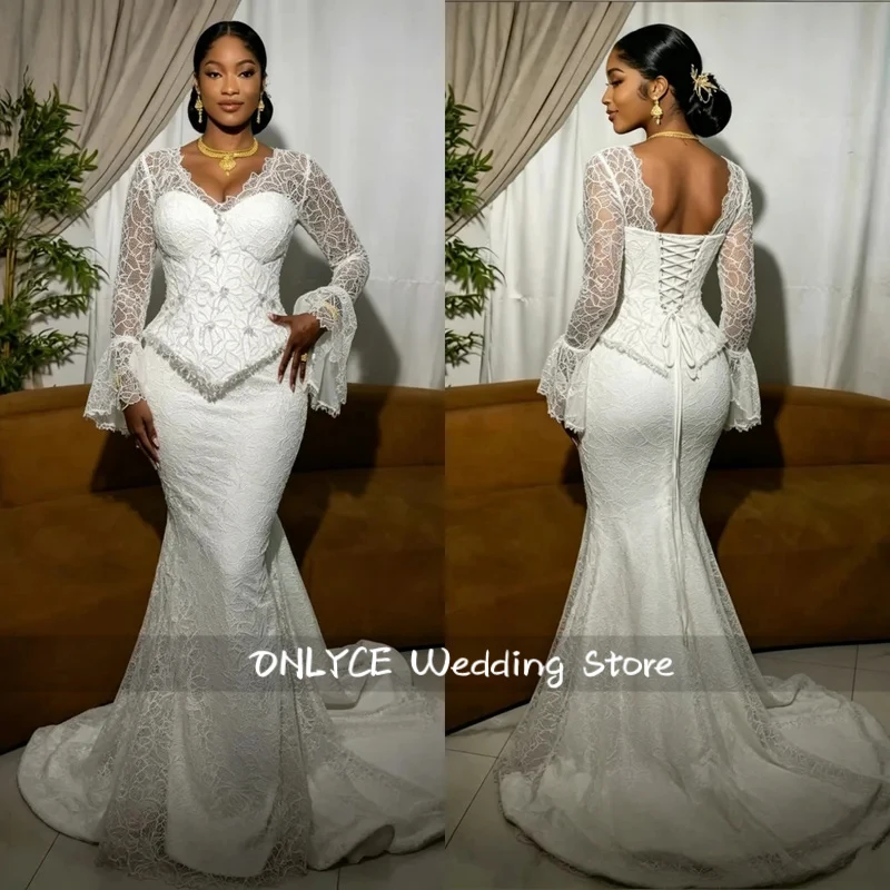 

Custom Luxury Lace Mermaid Wedding Dress Long Sleeve Peplum Backless Corset Bridal Gown with Flare Cuffs Elegant Fitted Train