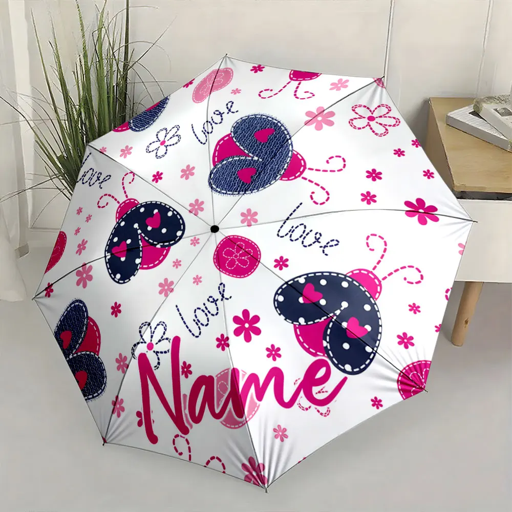 Custom Name Cute umbrella with ladybug and love design Print 8 Iron Ribs Folding Umbrella, Auto-Open Fashion Sunshade