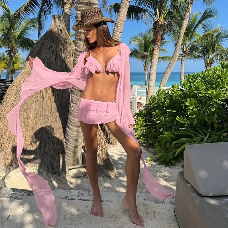 

Gtpdpllt See Through Mesh Pink 3 Piece Set Ruffled Bikini Mini Skirt Tie Front Long Sleeve Top Vacation Outfits Woman