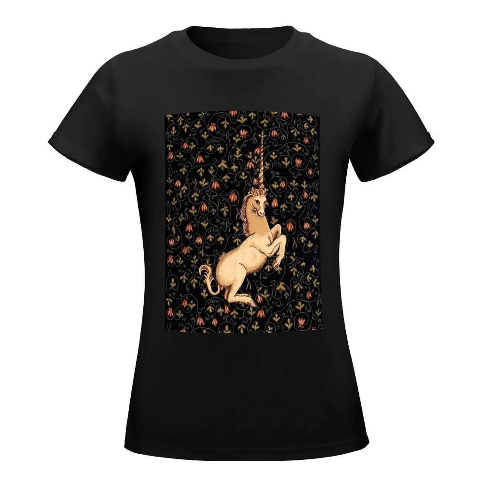 Medieval Unicorn Midnight Floral Tapestry T-Shirt tops summer tops workout shirts for Women