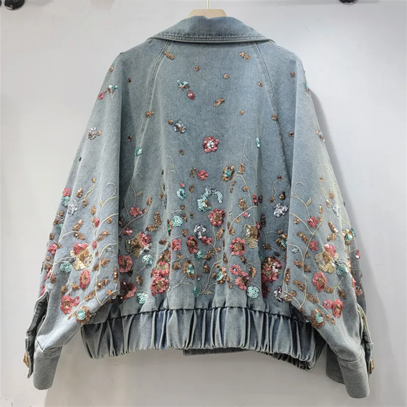 2026 Spring and Autumn New Fashion Suit Lapel Single-breasted Embroidered Denim Jacket Women's Casual Top Temperament Commuting