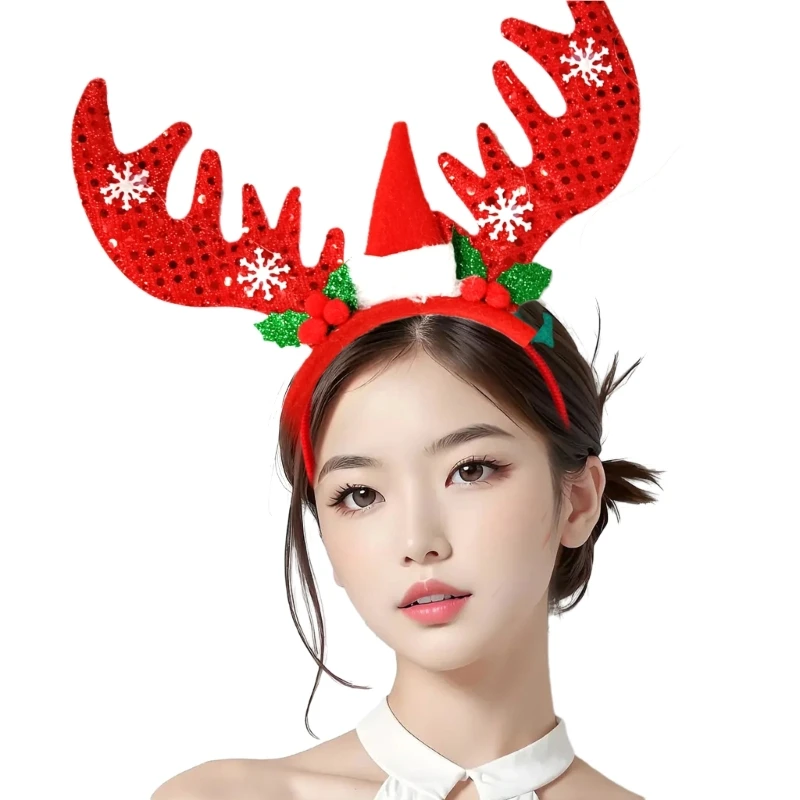 Festive Kids Headband with Reindeer Antlers and Unique Deer Horn Headdress Christmas Hair Hand Red Hair Hoop