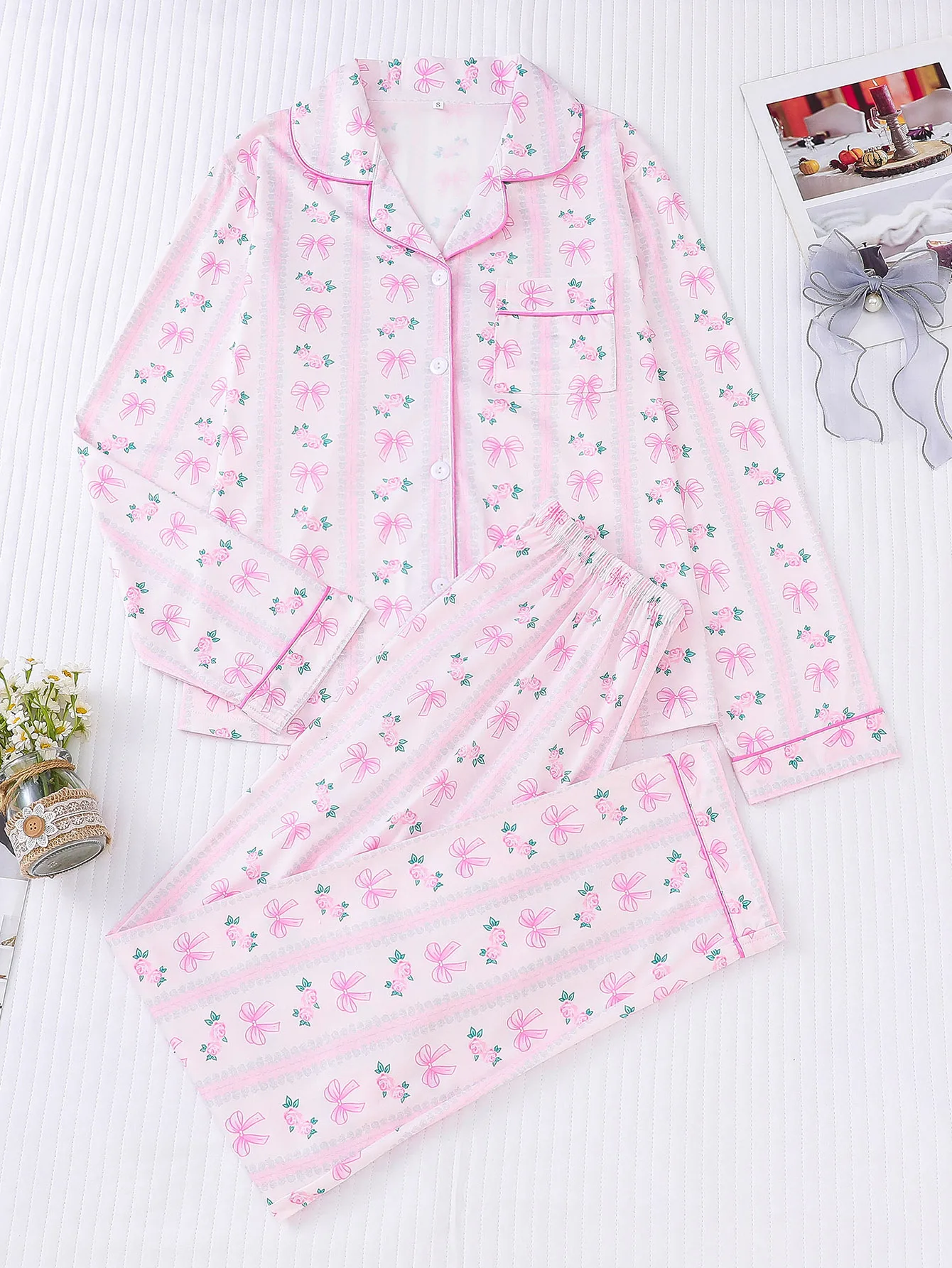 Pink bow women\'s pajamas set long sleeved cardigan top and loose pants comfortable women\'s home clothes