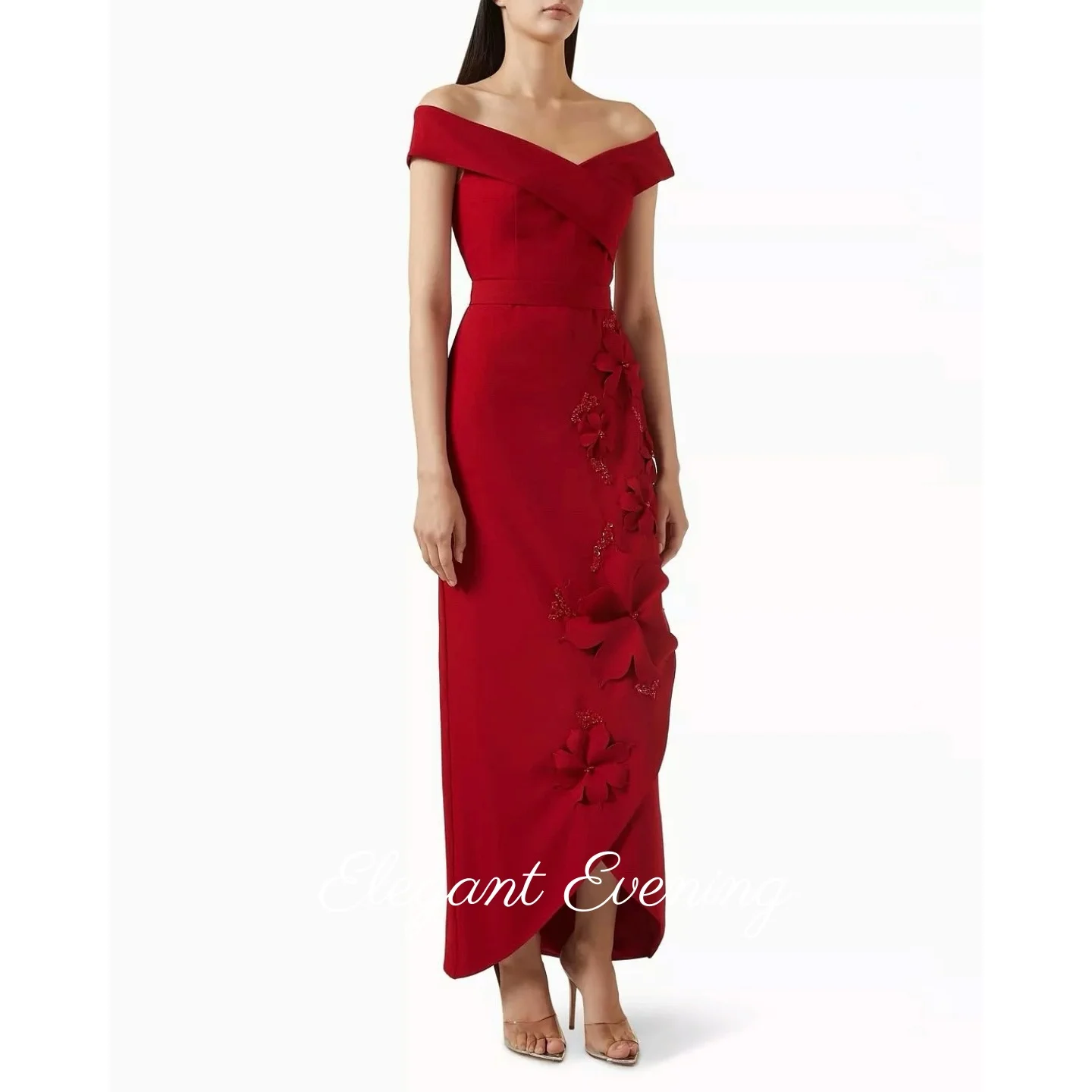 

Red Elegant Off Shoulder Evening Dresses Side Split Saudi Arabia Prom Dress Women Saudi Arabia Wedding Party Dress Customized