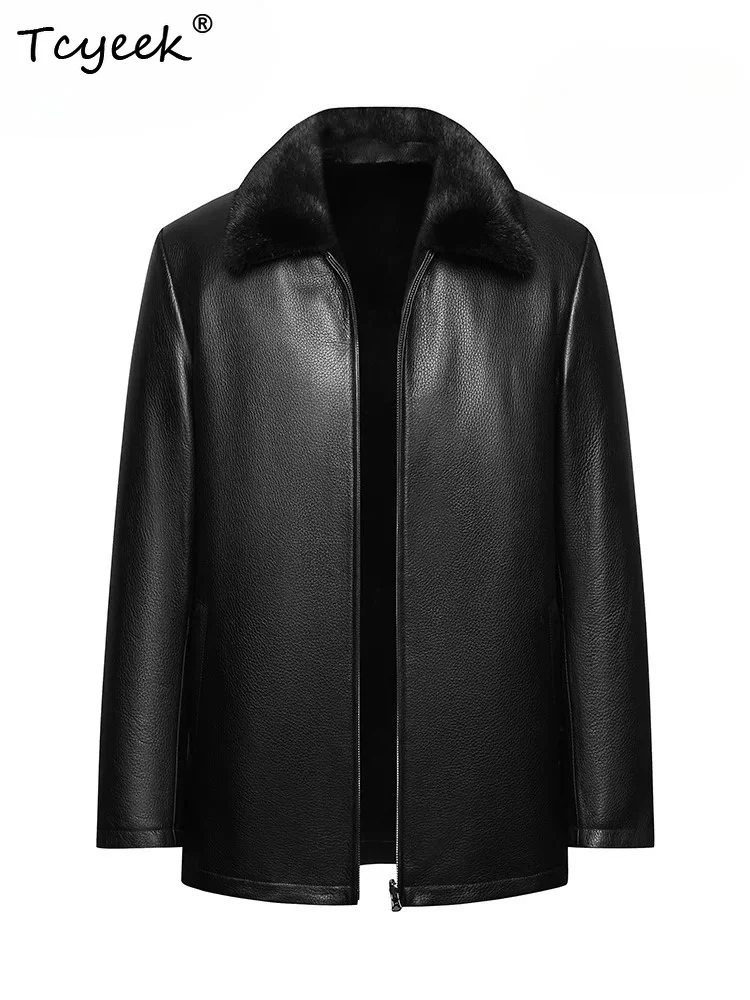Tcyeek Natural Baojiamei Mink Coat Men Top Quality Deerskin Real Leather Jacket Man Fashion Winter Clothes Mid-length Reversible
