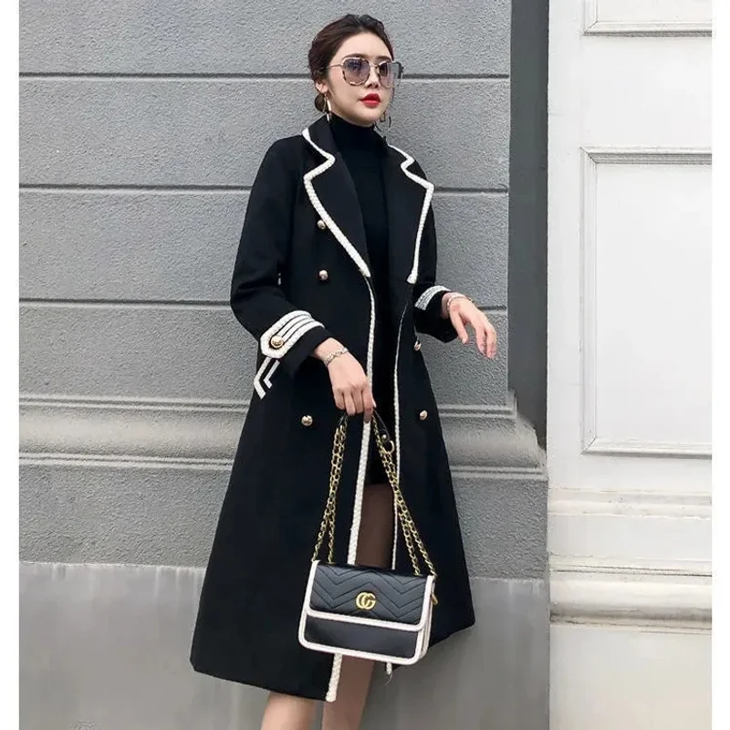 

White Woolen Coat Women Mid-length Autumn/Winter Jacket Coat British Hepburn Thicken Slim Black Double-breasted Coat Trench Coat