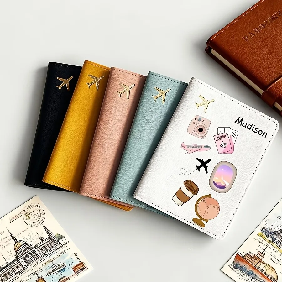 

Custom Personalized Name Text Custom PU Passport Holder, Cartoon Pattern Designed Passport Case, Faux Leather Scratch-Resistant