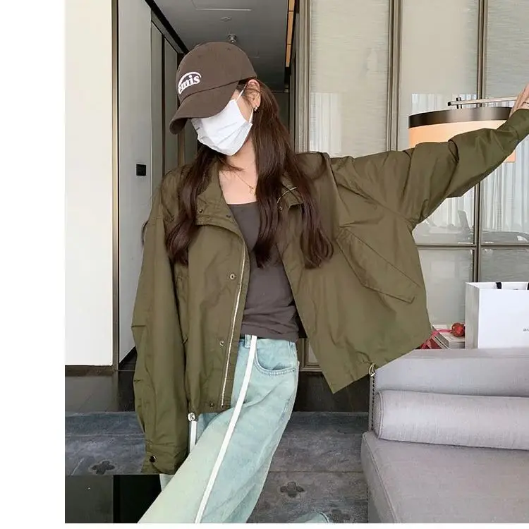 GC 2026 Spring Autumn Women American Army Green Short Cargo Trench Jacket, Petite Casual Windbreaker Outer Coat
