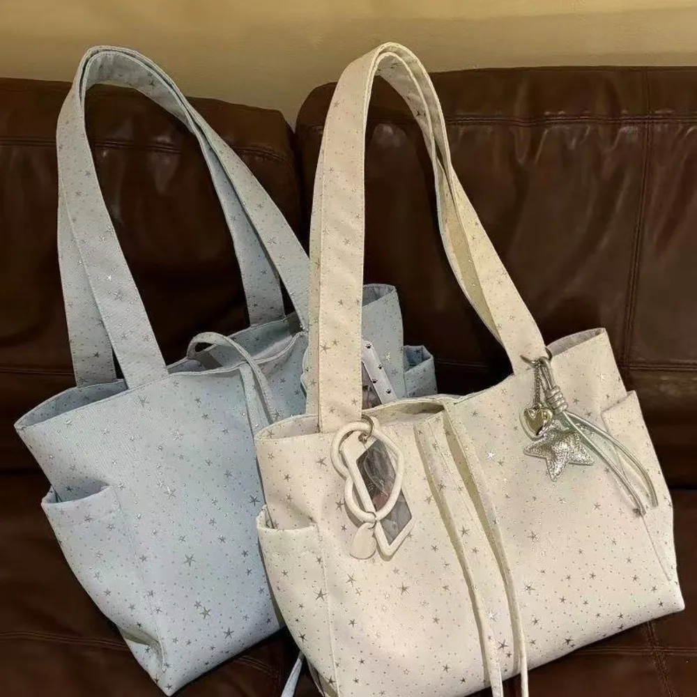 Sweet Shiny Star Shoulder Bag Korean Style Canvas Bow Tote Bag Large Capacity Underarm Bag Women Handbag Spicy Girl