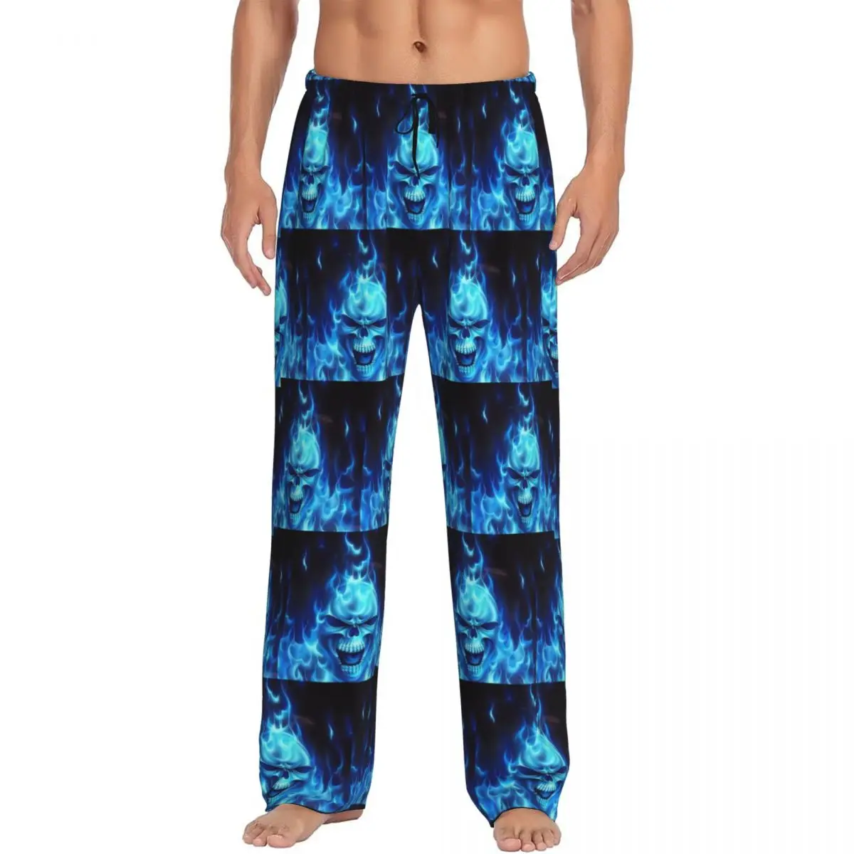 Custom Skull Bone Skeleton Blue Fire Skull (13) Pajama Pants Men Sleepwear Sleep Lounge Bottoms with Pockets