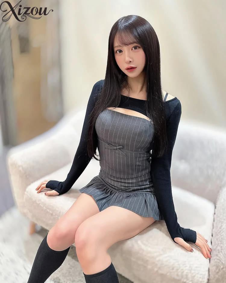 النمط الياباني المرأة ثلاث قطع مجموعة عمودي مخطط سليم صالح بروتيل كم طويل محبوك البنطال القصير تنورة صغيرة مجموعة الخريف