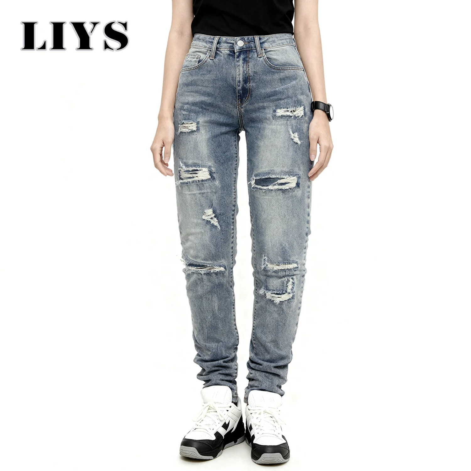 الرجال الأوروبية الأمريكية الرجعية مطاطا جينز ضيق للجنسين اليومية عادية نحيل الدينيم السراويل الأزرق ممزق مدبب الدينيم سروال شكل قلم رصاص #2