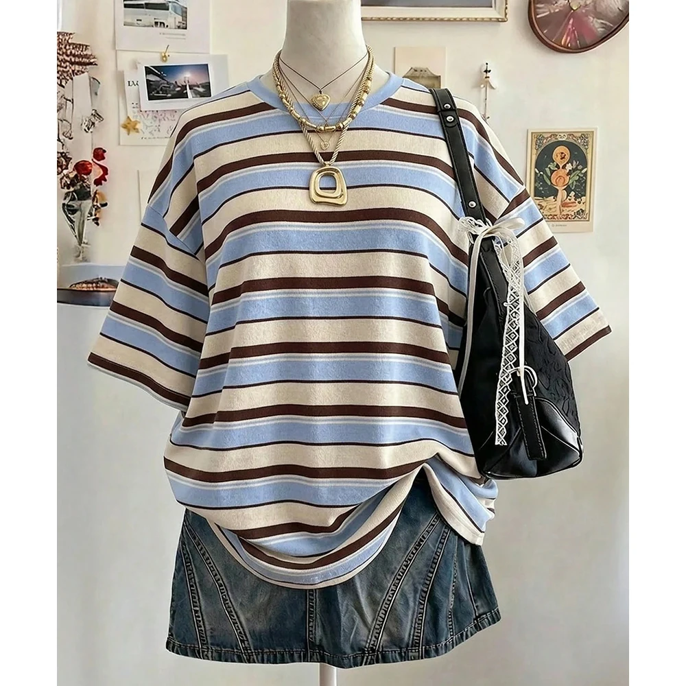 Summer New Y2K Striped 3D Print Casual Oversized Mid-Length Round Neck Drop Shoulder Women Tee Street Fashion Casual Sports Top﻿