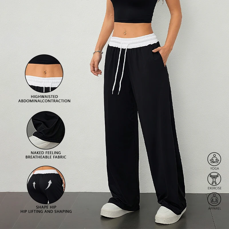 

Women High Waist Wide Leg Athleisure Pants with Pockets, Contrast Drawstring Yoga Trousers, Quick Dry Casual Lounge Bottoms