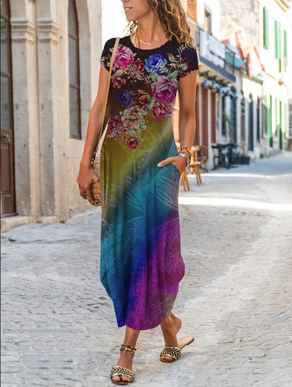 

Summer Fashion Stitching round Neck Loose Bohemian Vacation Woman Basic Pocket short sleeved trendy printed dress