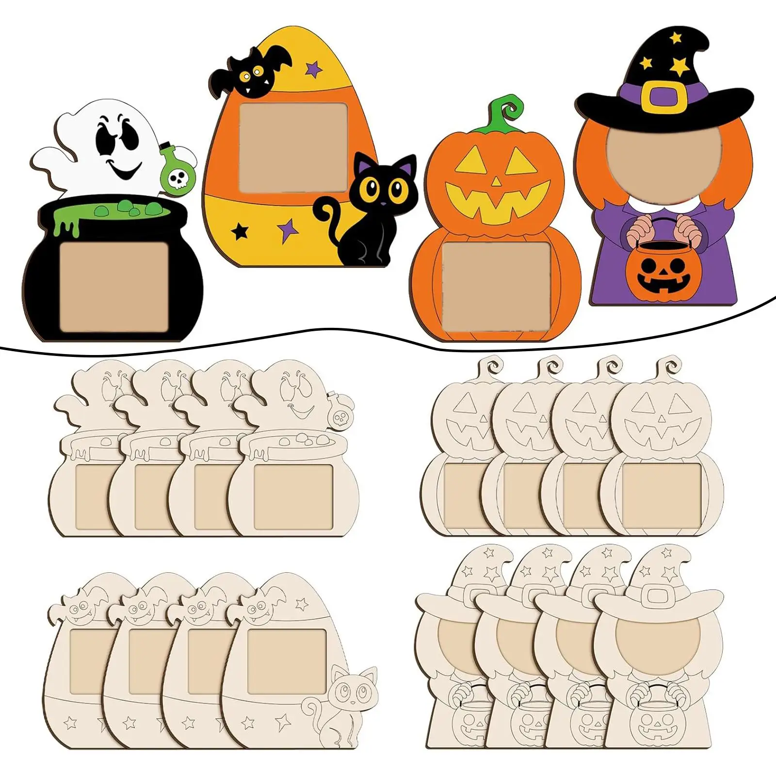 

16 шт., фоторамка на Хэллоуин, ремесленный комплект, реквизит, детская живопись, вечерние принадлежности, украшение, незавершенные деревянные фоторамки