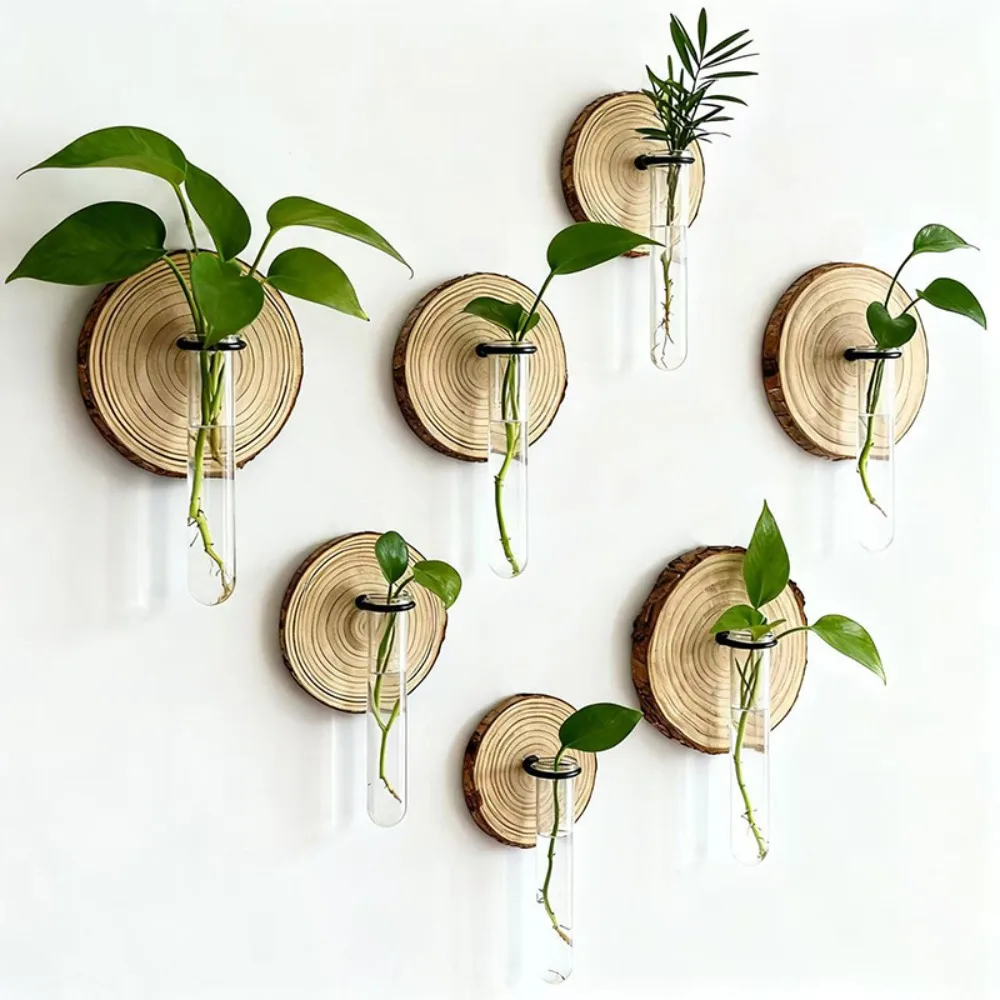 Wall Mounted Wood Slice Test Tube Plant Vase Retro Hydroponic Plant Propagator Wall Planter Creative Home Wall Decor Ornament