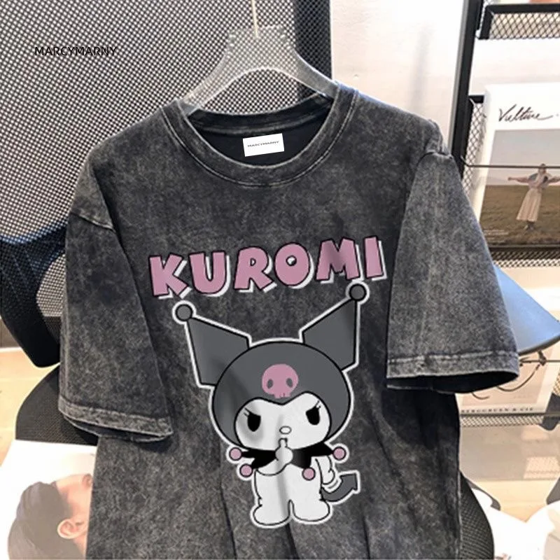 Sanrio Kuromi Graphic T Shirts Kpop Clothes Women American Retro Oversized Tshirts Y2k Streetwear Trend Tops Couples Summer Tees