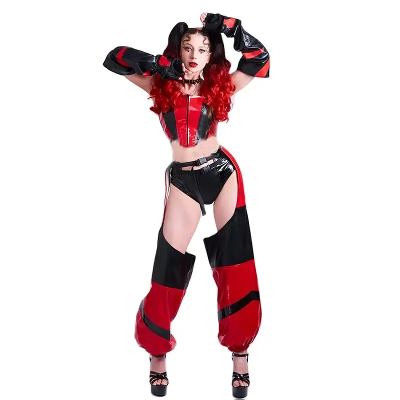 Zwart Rood Lakleer Splicing Pak Pole Hollow Broek Nachtclub Dj Ds Party Rave Outfit Vrouwen Gogo Dans Kostuums XS6031