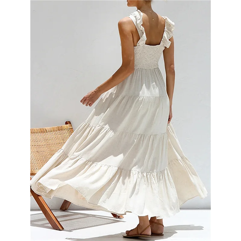 AG-Abito lungo fluido estivo da donna, casual, senza maniche, con scollo a V, smock, prendisole da spiaggia