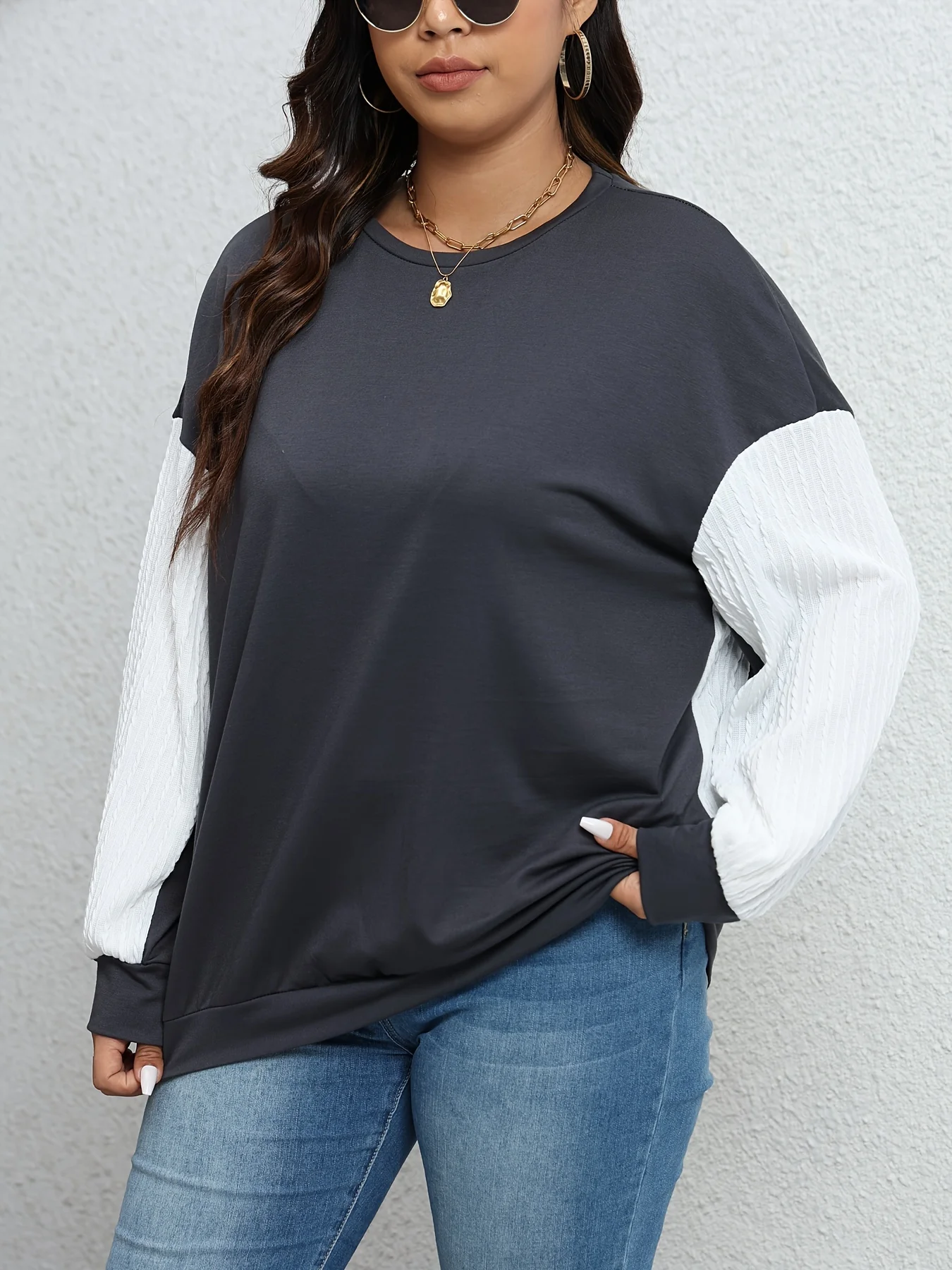 Bluza plus size Colorblock Bishop Sleeve