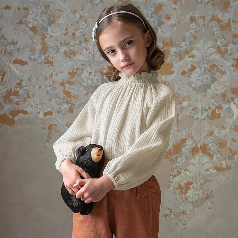 

100% Cotton Double Gauze Skin-Friendly Girls' Blouse 2024 Autumn New Casual Children's Shirts Pullover Long-Sleeved Blouses