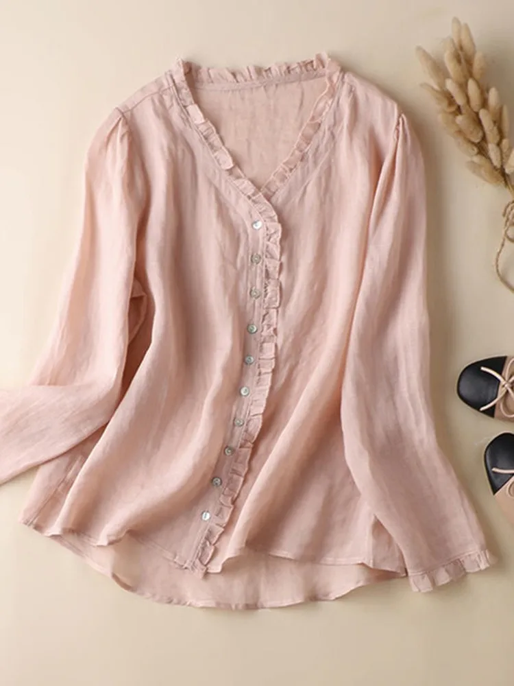 100% Cotton Women Long Sleeve Casual Shirts New Arrival 2022 Vintage Style V-neck All-match Loose Ladies Elegant Tops Shirt D311