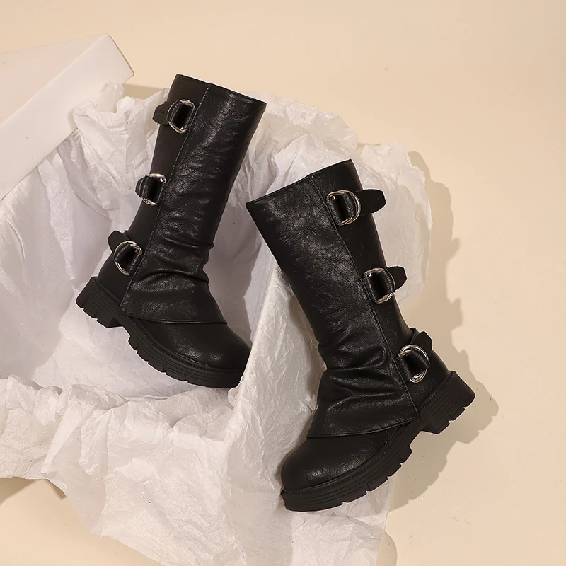 Little Girls Platform Leather Boots with Buckle Straps 2025 New Winter Kid Fleece Mid-calf Boots Non-slip Chic Christmas Party