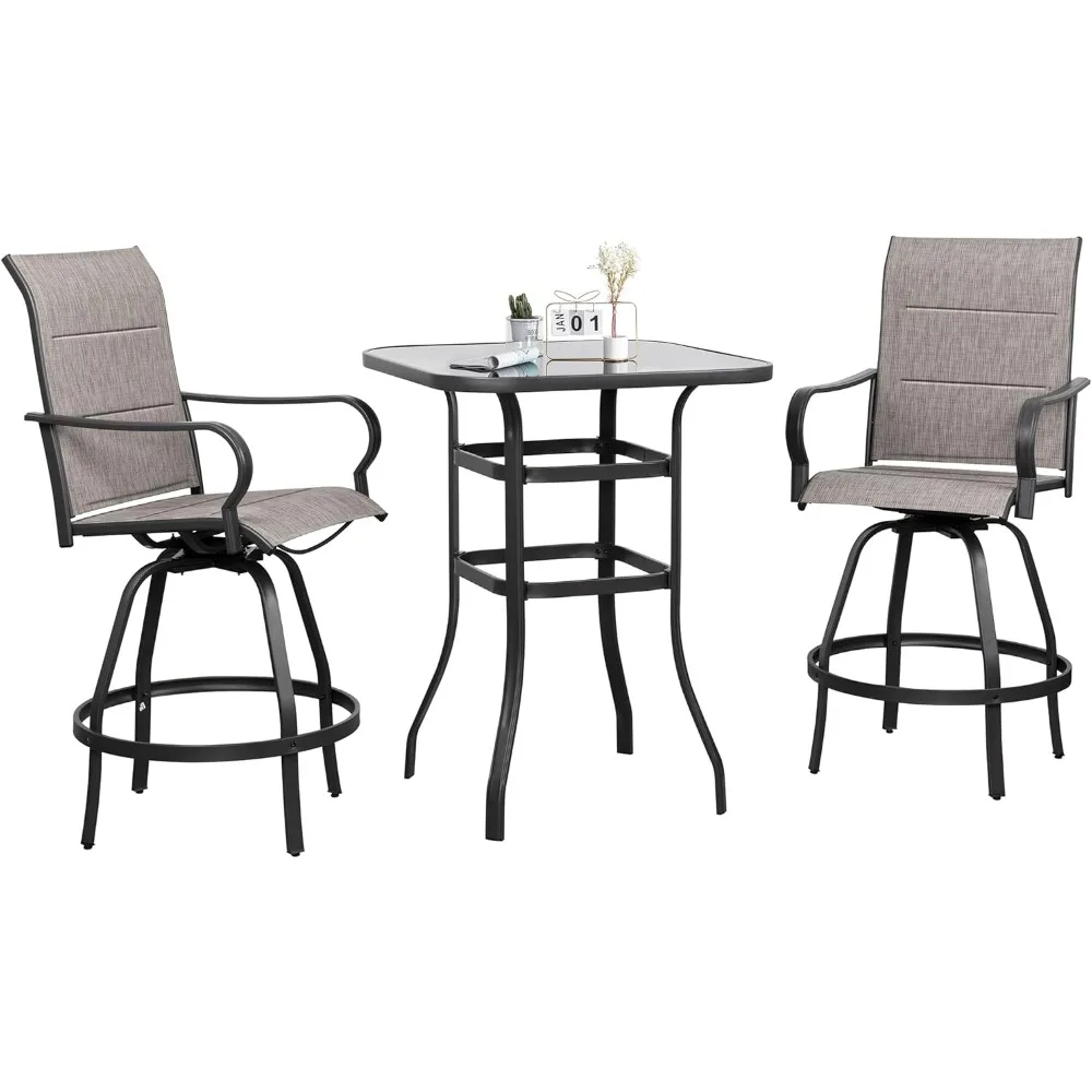 3 Piece Outdoor Swivel Bar Stools Set, Bar Height Patio Bistro Set w/2 Padded Chairs and 1 High Top Table, Garden Furniture Sets