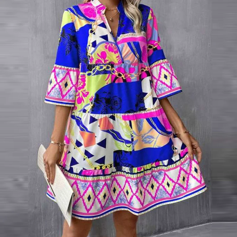 Sexy bedruckte Patchwork Party Bohemian Kleider Damen elegante Pagode Ärmel Büro Mini Abendkleid 2024 Herbst Urlaub Kleid