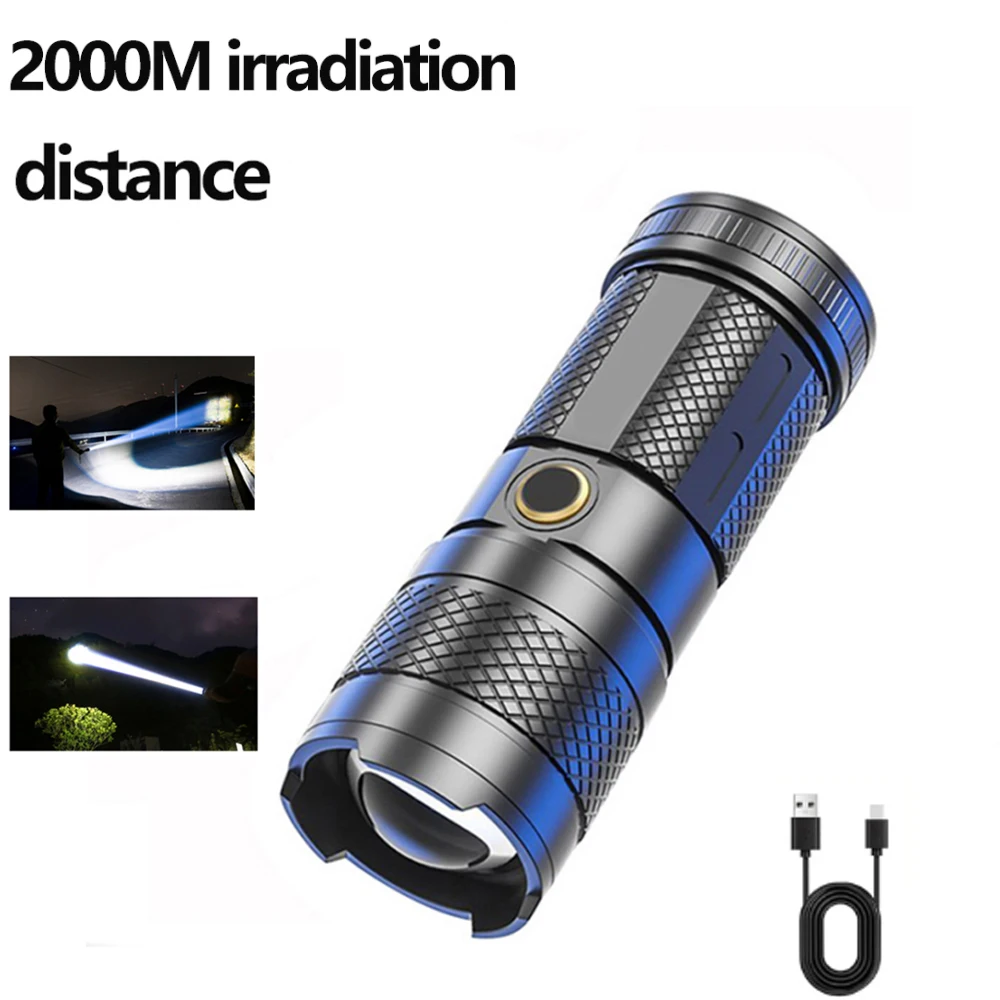 Lanterna LED poderosa Camping Torch, ABS, Material Plástico, Zoom Telescópico com Cauda, Projector COB, Múltiplos Modos de Iluminação