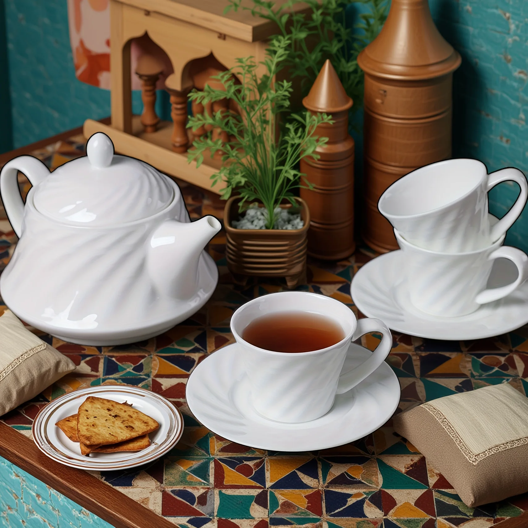 

Premium Bone Small Espresso Cup Saucer Set (4 Sets) with A 20oz Teapot, Elegant 2.5oz Demitasse Cups