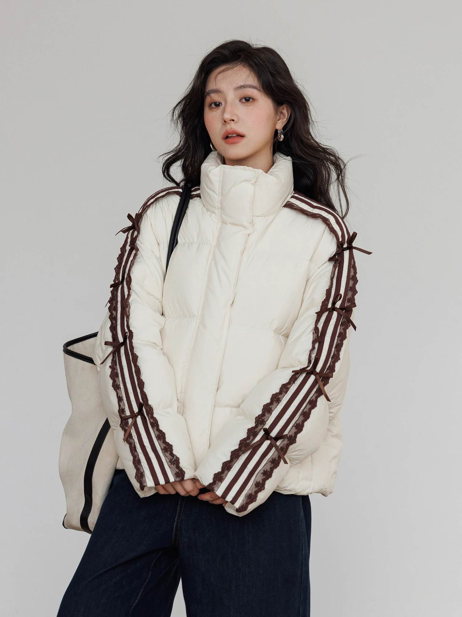 

Women's Thiened Stand Collar down Jaet Sport Stripe Sle White Du Feather Winter Outerwear Commute Faion 2026 New