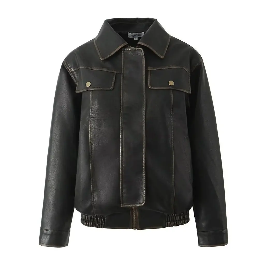 Giacca da donna in pelle PU vintage stile motociclista lucido dai colori vestibilità ampia abbigliamento autunnale tendenza della moda europea e americana