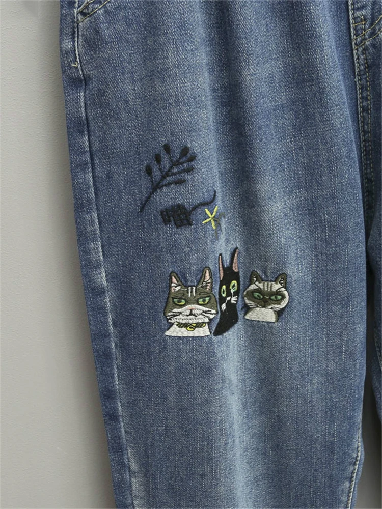 8265 Women Fashion Korea Style Cartoon Cat Embroidery Baggy Elastic Waist High Waist Denim Cropped Pants Female Harem Jeans