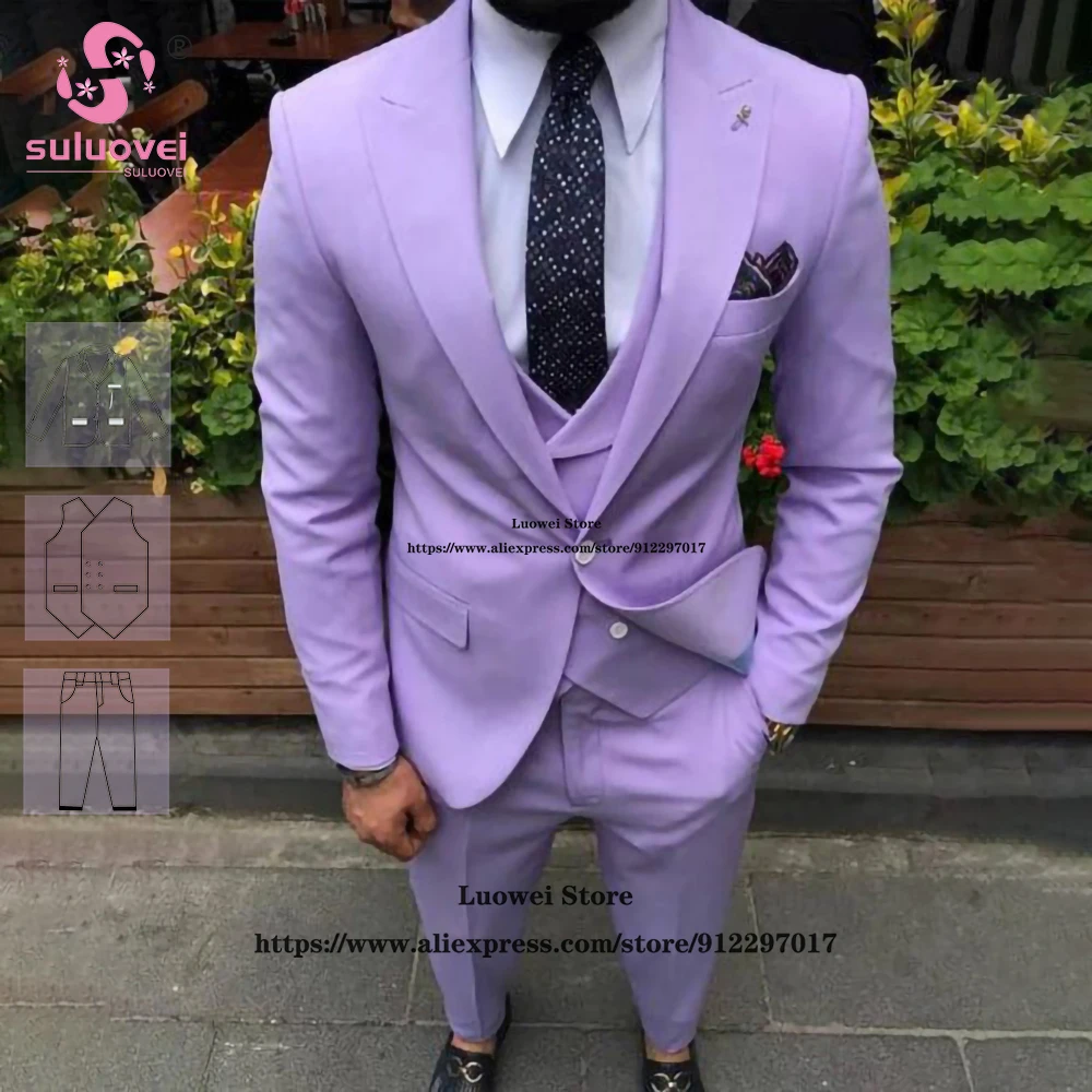 

Fashion Lilac Slim Fit Suits For Men Elegant 3 Piece Jacket Vest Pants Set Groom Wedding Peaked Lapel Tuxedos Vestidos De Novia