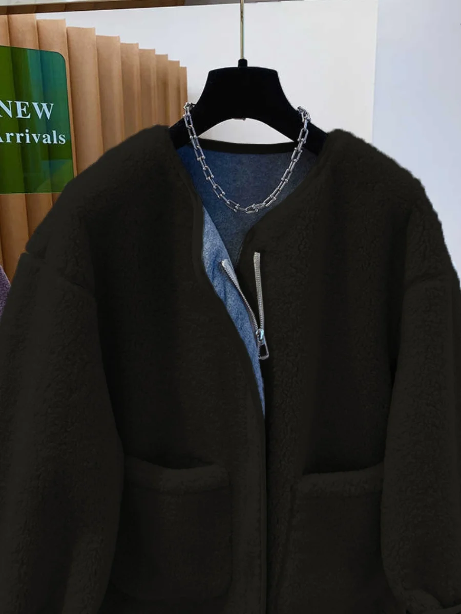 معطف شتوي نسائي مقاس كبير من فرو الخروف الأرجواني، سميك وفضفاض، تصميم عصري، تنورة عالية الخصر على شكل حرف A، إغلاق بسحاب