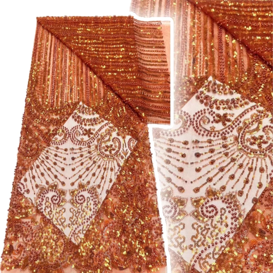 

Orange Luxury Nigerian Heavy Beaded Lace Fabric 2025 High Quality 5 Yards African Lace Fabric French Prom Bride Dress Sew AH1235