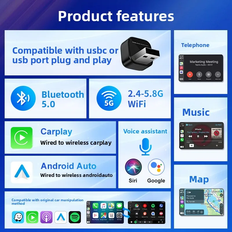2026New Wired To Wireless Carplay Box 2in1 Carplay&Android Auto MIni Adapter Plug&Plug For Mazda Audi Mazda Toyota VW MG kia