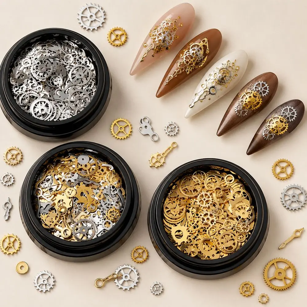 120Pcs Steampunk Metal Nail Studs Gold Silver Gears Cogs Clock Watch Hands Vintage Punk Rivet 3D Nail Charms Salon Decorations