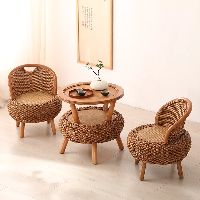 Rattan online celebrity small chair solid wood balcony tea table rattan chair combination pastoral home leisure armchair tea