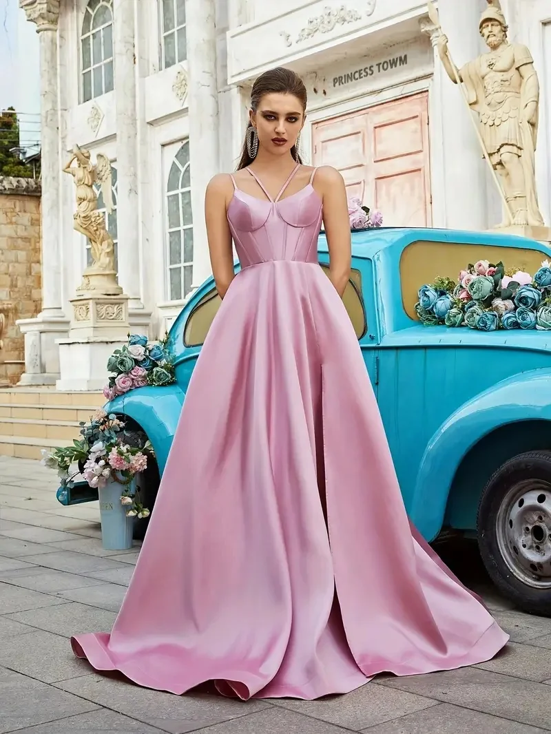 

Women's Sweetheart Prom Dresses Long Spaghetti Straps Ball Gown Side Split Satin Formal Evening Gowns