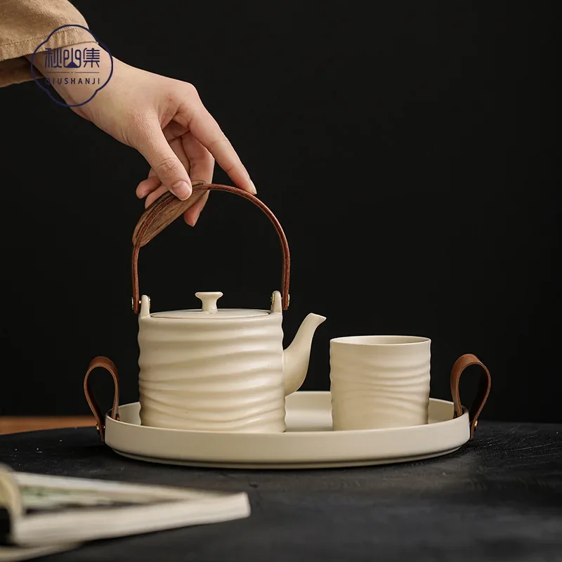 صينية شاي Wabi-Sabi الرمادية بمقبض جلدي عتيق، طبق تخزين الوجبات الخفيفة الفني للاستخدام المنزلي #4