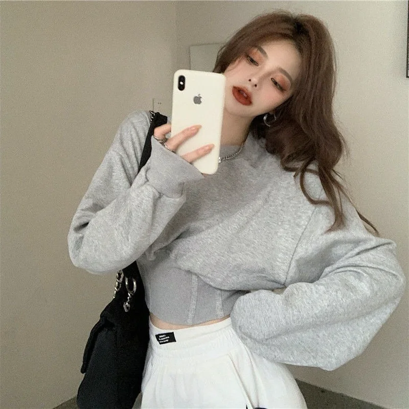 O-neck Sweatshirts Women Tie Waist Cropped Hoodies Chic Fashion Streetwear Leisure Designed New Spring Autumn All Match Slender