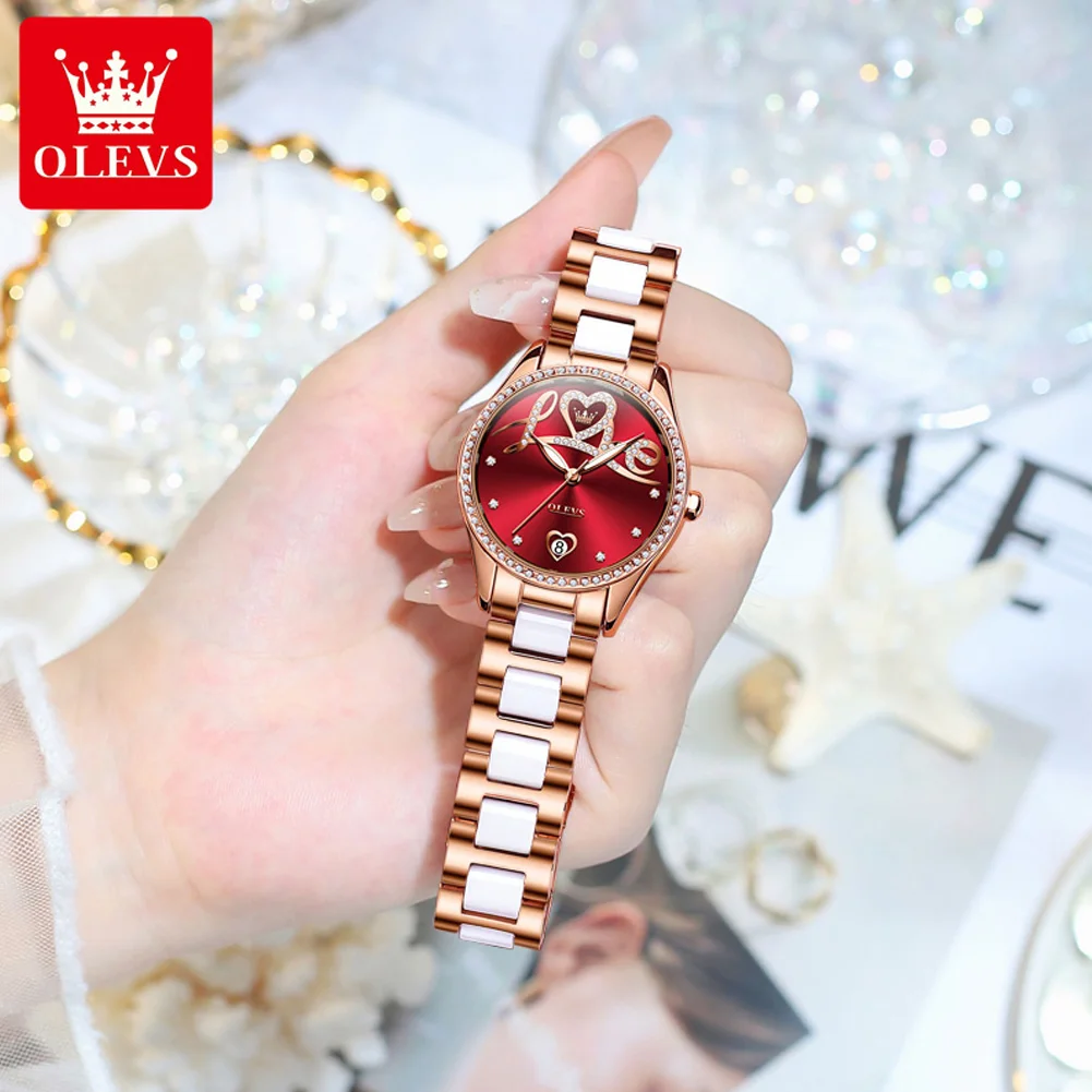 OLEVS 6686 Reloj para mujer, Reloj mecánico Original de lujo, correa de cerámica, esfera de amor, relojes con fecha para mujer, conjunto de pulsera, Caja Reloj